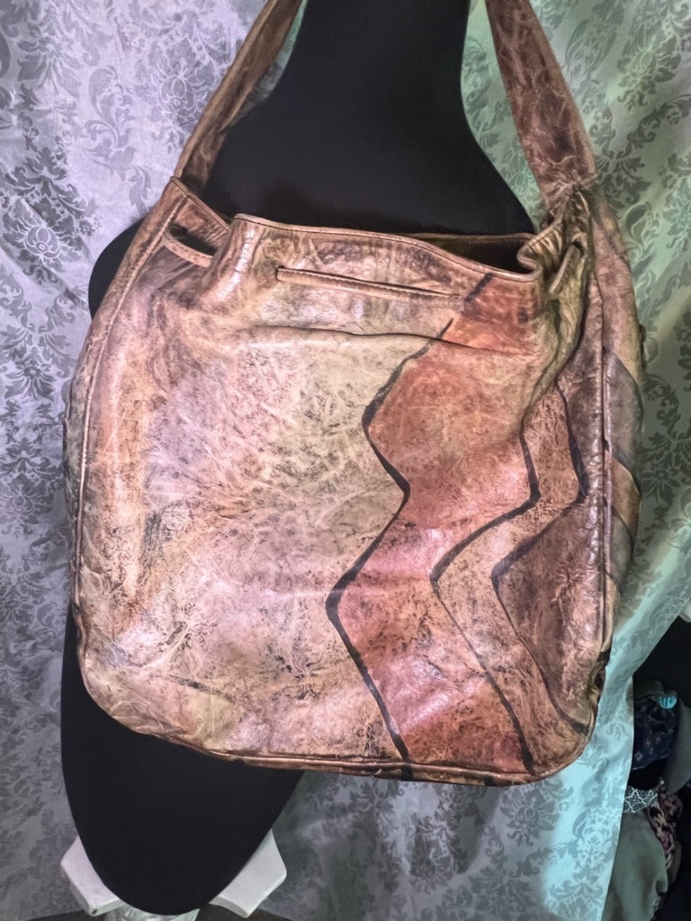 Jane Yoo Wearable Art Hand-Painted Brown Leather Shoulder Bag - Picture 5 of 10